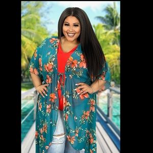 Emerald floral sheer cover up. Summer shawl or swim cover up. 3X